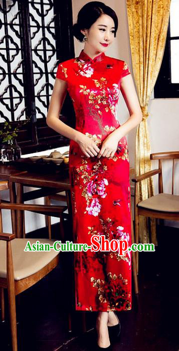 Chinese Traditional Costume Elegant Cheongsam China Tang Suit Printing Peony Butterfly Red Qipao Dress for Women