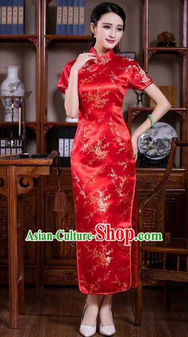 Chinese Traditional Costume Graceful Plum Blossom Cheongsam China Tang Suit Red Brocade Qipao Dress for Women