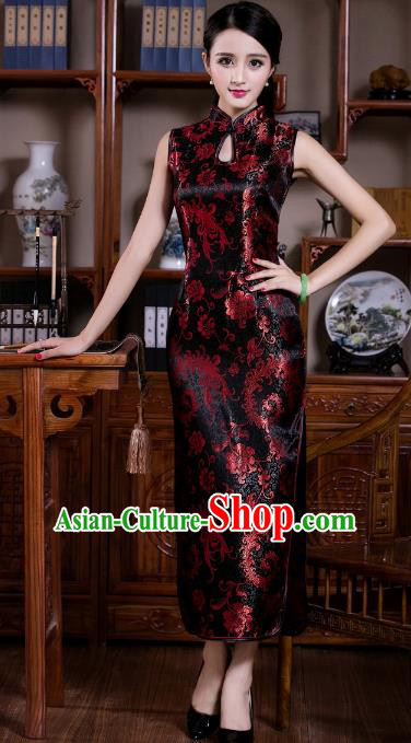 Chinese Traditional Costume Graceful Ombre Flowers Cheongsam China Tang Suit Black Brocade Qipao Dress for Women