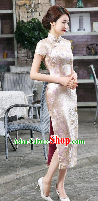 Chinese Traditional Costume Pink Brocade Cheongsam China Tang Suit Silk Qipao Dress for Women