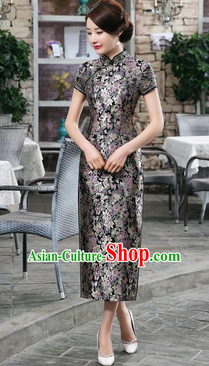 Chinese Traditional Costume Black Brocade Cheongsam China Tang Suit Silk Qipao Dress for Women