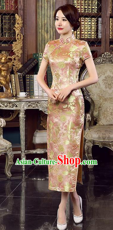 Chinese Traditional Costume Cheongsam China Tang Suit Orange Brocade Qipao Dress for Women