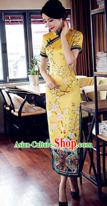 Chinese Traditional Costume Printing Flowers Yellow Cheongsam China Tang Suit Silk Qipao Dress for Women