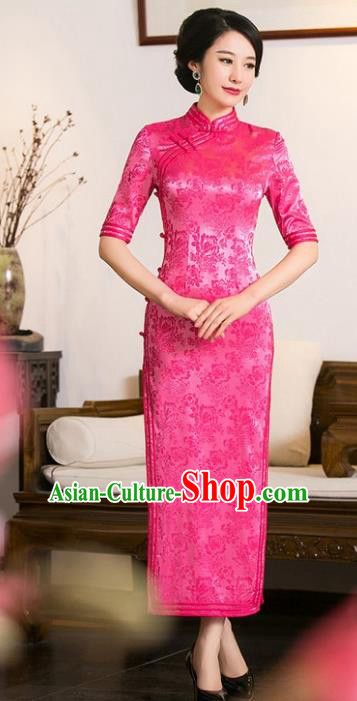Chinese Traditional Costume Rosy Cheongsam China Tang Suit Qipao Dress for Women