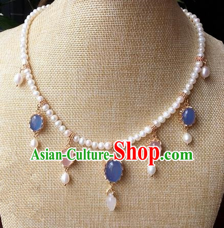 Traditional Handmade Chinese Ancient Classical Accessories Blue Crystal Necklace Pearls Hanfu Necklet for Women