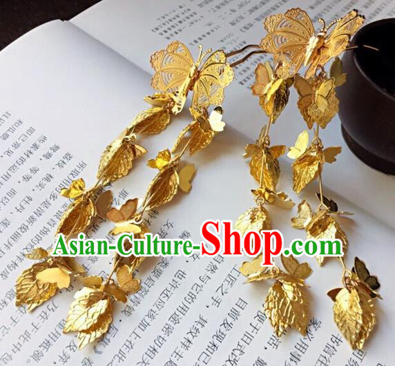 Traditional Handmade Chinese Ancient Classical Hair Accessories Golden Butterfly Tassel Hairpins for Women