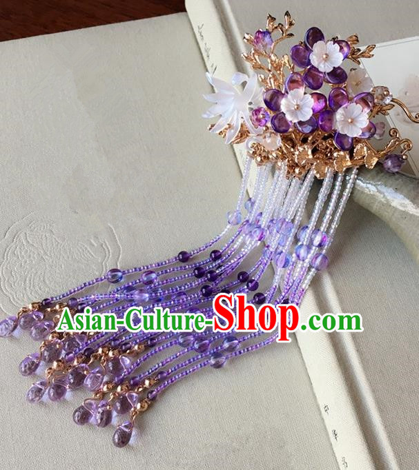 Traditional Handmade Chinese Ancient Classical Hair Accessories Purple Beads Tassel Hair Stick Hairpins for Women