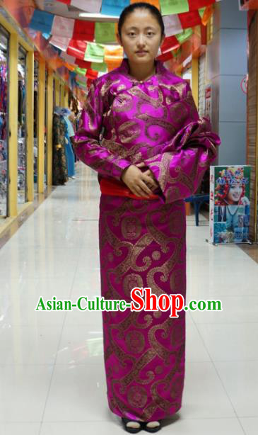Chinese Traditional Zang Nationality Brocade Tibetan Robe, China Tibetan Ethnic Heishui Dance Costume for Women