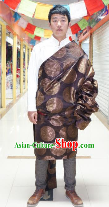 Chinese Traditional Zang Nationality Brown Tibetan Robe, China Tibetan Ethnic Heishui Dance Costume for Men