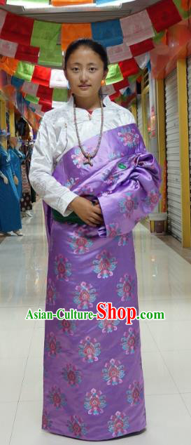 Chinese Traditional Zang Nationality Purple Brocade Tibetan Robe, China Tibetan Ethnic Heishui Dance Costume for Women