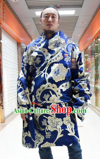 Chinese Traditional Zang Nationality Blue Tibetan Robe, China Tibetan Ethnic Heishui Dance Costume for Men