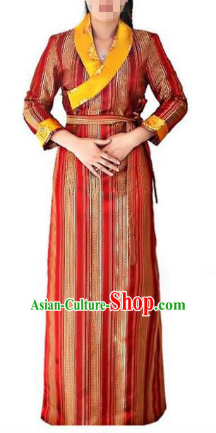 Chinese Traditional Zang Nationality Red Dress, China Tibetan Ethnic Heishui Dance Costume for Women