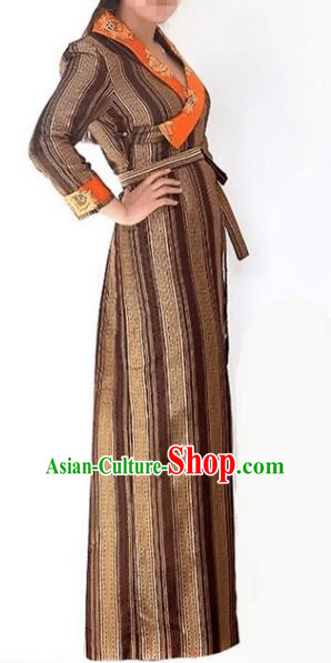 Chinese Traditional Zang Nationality Coffee Dress, China Tibetan Ethnic Heishui Dance Costume for Women