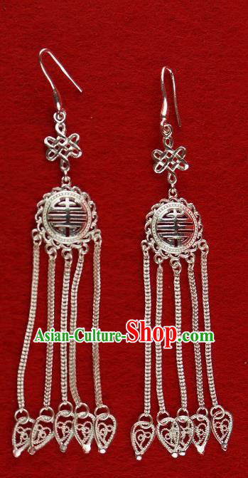 Chinese Traditional Zang Nationality Silver Tassel Earrings Accessories, China Tibetan Ethnic Eardrop for Women