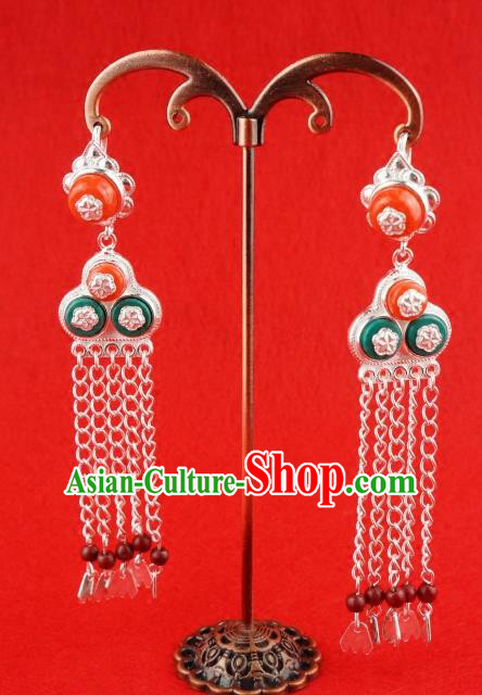 Chinese Traditional Zang Nationality Sliver Tassel Earrings Jewelry Accessories, China Tibetan Ethnic Eardrop for Women