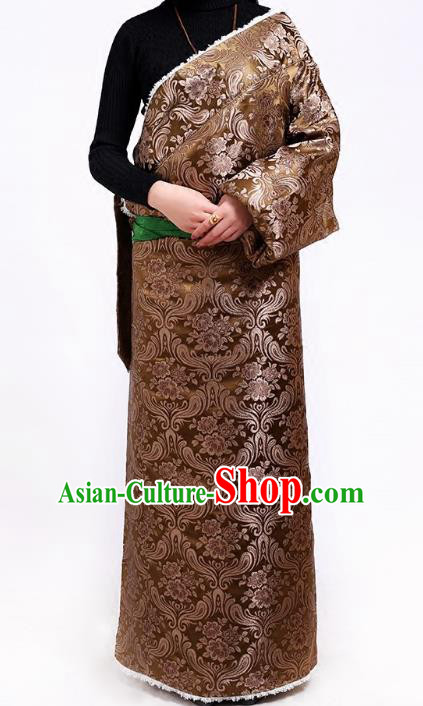 Chinese Zang Nationality Brown Brocade Tibetan Robe, China Traditional Tibetan Ethnic Heishui Dance Costume for Women