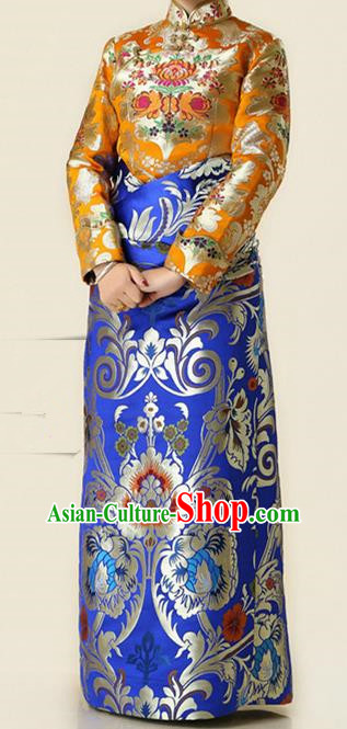 Chinese Traditional Zang Nationality Blue Brocade Robe, China Tibetan Ethnic Heishui Dance Costume for Women