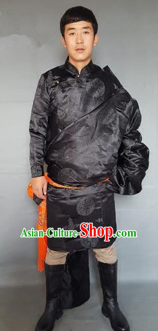 Chinese Traditional Zang Nationality Black Tibetan Robe, China Tibetan Ethnic Heishui Dance Costume for Men
