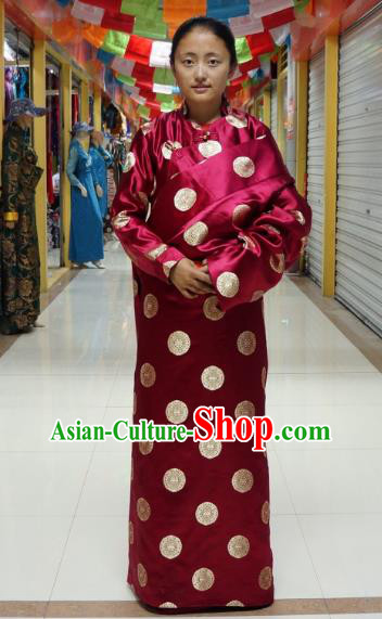 Chinese Zang Nationality Wine Red Tibetan Robe, China Traditional Tibetan Ethnic Heishui Dance Costume for Women