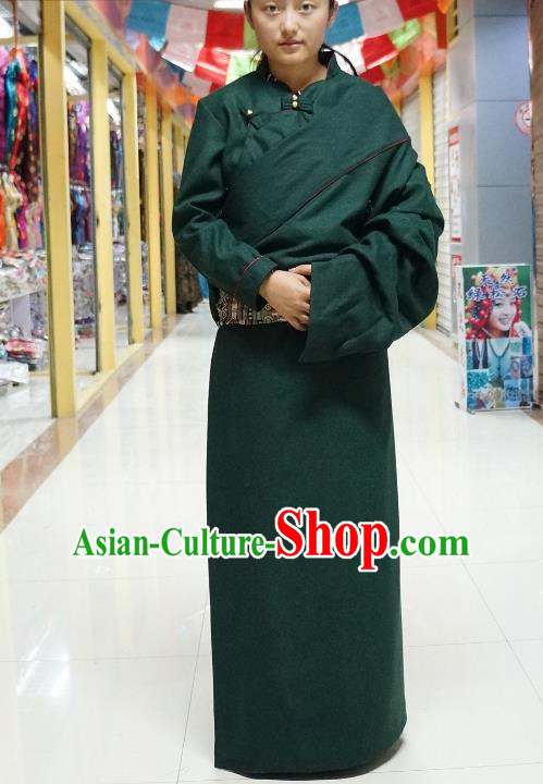 Chinese Zang Nationality Deep Green Tibetan Robe, China Traditional Tibetan Ethnic Heishui Dance Costume for Women