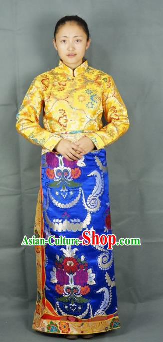 Chinese Zang Nationality Blue Brocade Tibetan Bust Skirt, China Traditional Tibetan Ethnic Heishui Dance Costume for Women