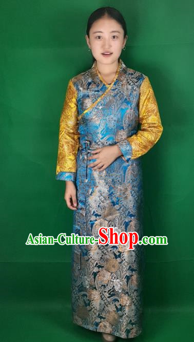 Chinese Zang Nationality Blue Dress, China Traditional Tibetan Ethnic Heishui Dance Costume for Women