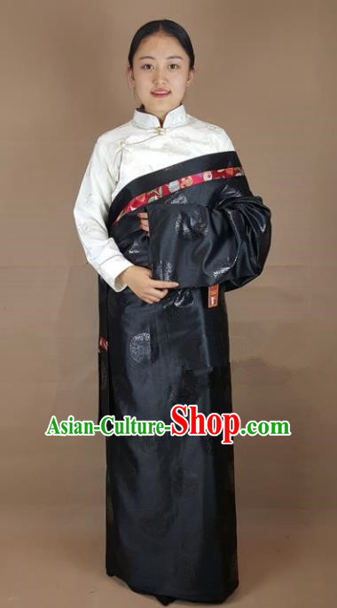 Chinese Zang Nationality Black Brocade Tibetan Robe, China Traditional Tibetan Ethnic Costume for Women