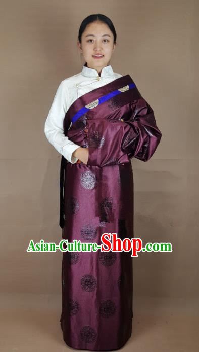 Chinese Zang Nationality Purple Brocade Tibetan Robe, China Traditional Tibetan Ethnic Costume for Women
