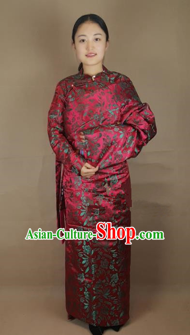 Chinese Zang Nationality Red Brocade Tibetan Robe, China Traditional Tibetan Ethnic Costume for Women