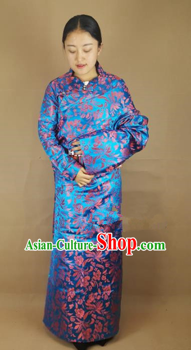 Chinese Zang Nationality Blue Brocade Tibetan Robe, China Traditional Tibetan Ethnic Costume for Women