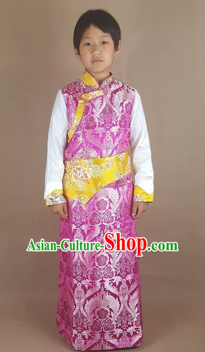 Chinese Traditional Zang Nationality Children Pink Tibetan Robe, China Tibetan Ethnic Heishui Dance Costume for Kids