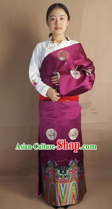 Chinese Zang Nationality Folk Dance Purple Brocade Tibetan Robe, China Traditional Tibetan Ethnic Costume for Women