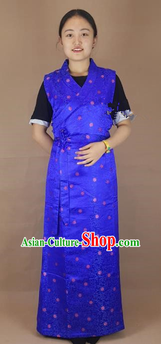 Chinese Zang Nationality Folk Dance Royalblue Brocade Dress, China Traditional Tibetan Ethnic Costume for Women