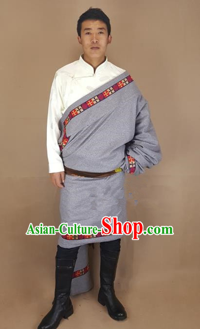 Chinese Traditional Zang Nationality Grey Tibetan Robe, China Tibetan Ethnic Heishui Dance Costume for Men