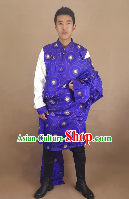 Chinese Traditional Zang Nationality Royalblue Tibetan Robe, China Tibetan Ethnic Folk Dance Costume for Men