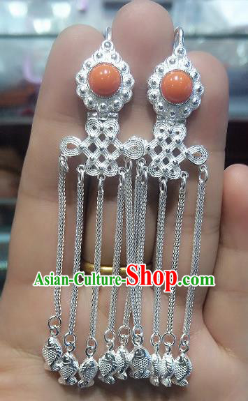 Chinese Traditional Zang Nationality Handmade Sliver Earrings, China Tibetan Ethnic Tassel Eardrop for Women