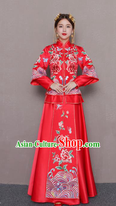 Chinese Traditional Wedding Bottom Drawer Ancient Bride Costume Embroidered Peony Xiuhe Suit Full Dress for Women