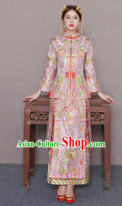 Chinese Traditional Wedding Bottom Drawer Ancient Bride Costume Embroidered Xiuhe Suit Pink Full Dress for Women
