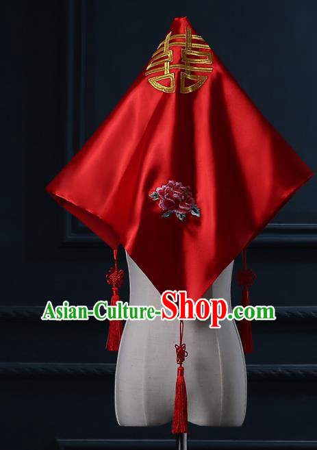 Chinese Traditional Handmade Wedding Embroidered Red Bridal Veil Xiuhe Suit Hair Accessories for Women