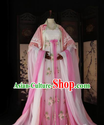 Chinese Ancient Imperial Concubine Pink Hanfu Dress Tang Dynasty Imperial Consort Embroidered Costume for Women