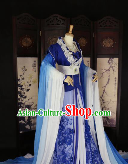 Chinese Ancient Cosplay Queen Blue Hanfu Dress Tang Dynasty Imperial Consort Embroidered Costume for Women