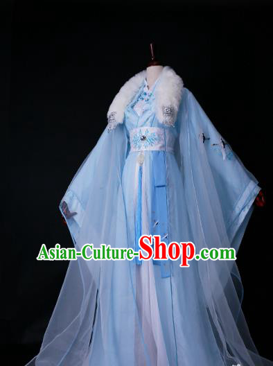 Traditional Chinese Princess Embroidered Costume Ancient Han Dynasty Imperial Concubine Blue Hanfu Dress for Women