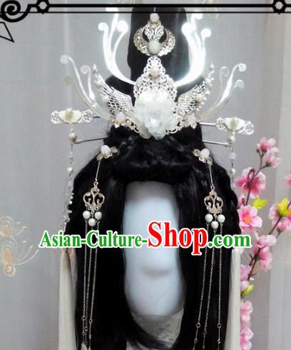 Chinese Traditional Handmade Swordsman Wig and Hair Accessories Ancient Knight Hairpins Headwear for Women