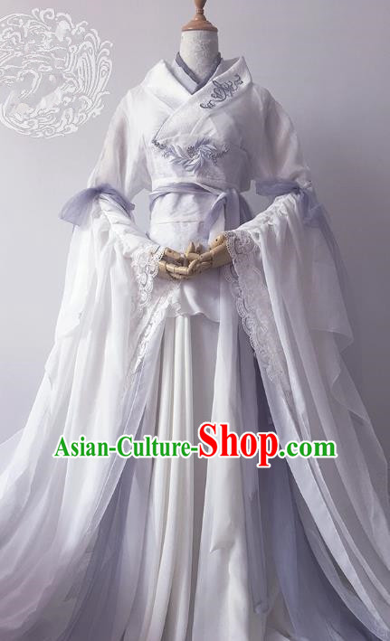 Chinese Ancient Cosplay Queen Costume Han Dynasty Empress Embroidered White Hanfu Dress for Women