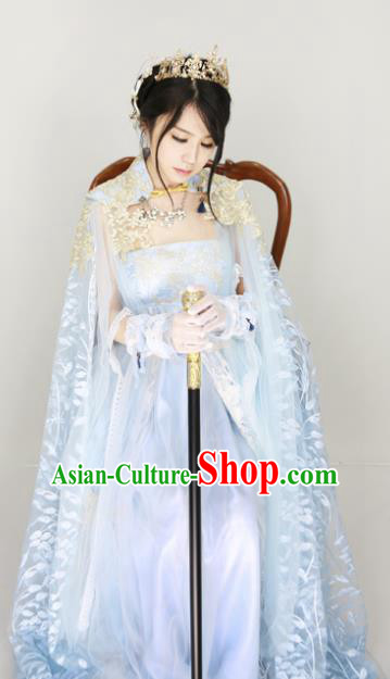 Chinese Ancient Cosplay Fairy Blue Costume Han Dynasty Princess Embroidered Hanfu Dress for Women
