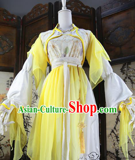 Chinese Ancient Cosplay Swordswoman Costume Song Dynasty Young Lady Embroidered Yellow Hanfu Dress for Women