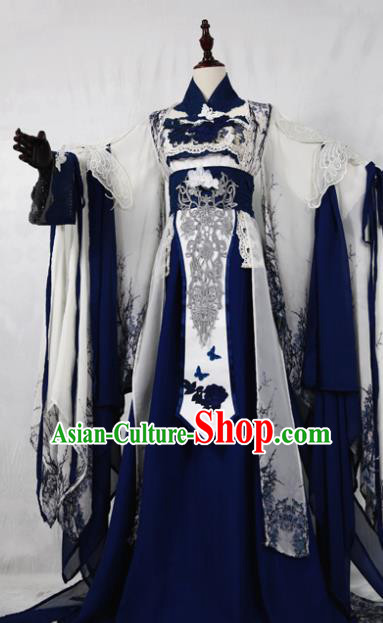 Chinese Ancient Cosplay Swordswoman Costume Han Dynasty Queen Embroidered Blue Hanfu Dress for Women