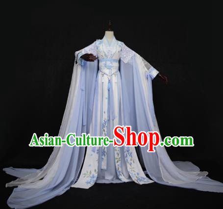 Chinese Ancient Cosplay Swordswoman Costume Tang Dynasty Nobility Lady Embroidered Blue Hanfu Dress for Women