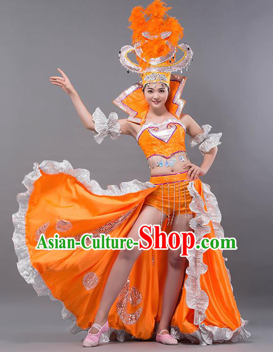 Spanish Traditional Paso Doble Costume Opening Dance Modern Dance Big Swing Orange Dress and Headpiece for Women