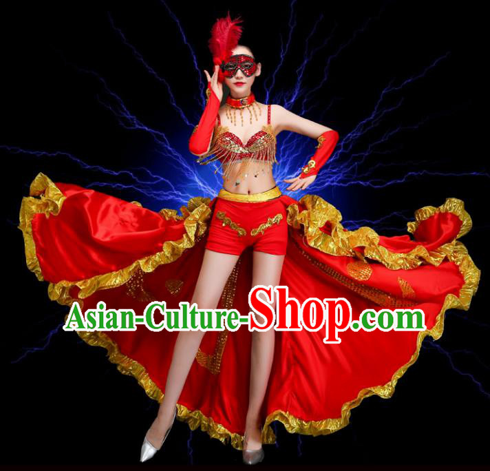 Top Grade Stage Performance Spanish Dance Costume Opening Dance Red Clothing and Headpiece for Women